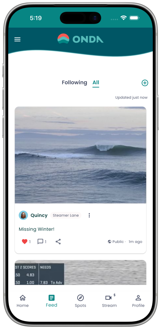 ONDA community feed with a user surf post