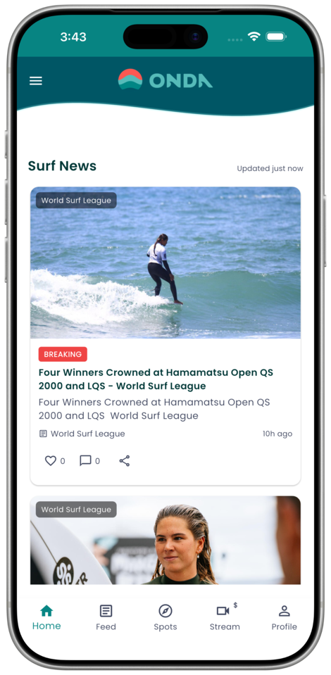 ONDA surf news feed with a breaking-news article