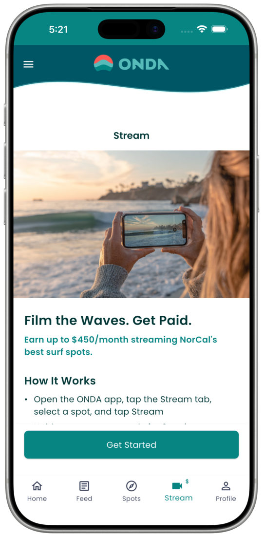 ONDA Stream tab — film the waves and get paid